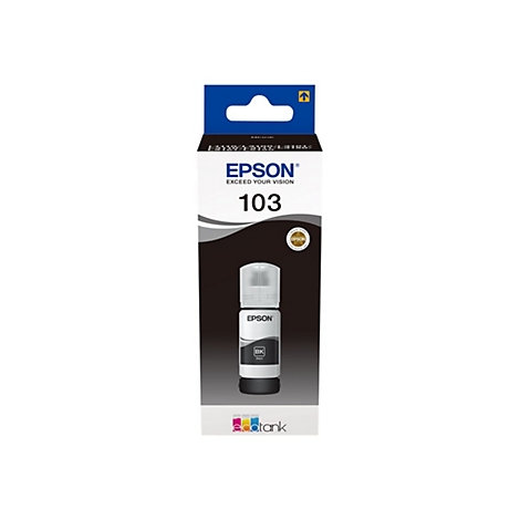 Epson 103 schwarze Tintenflasche in der Originalverpackung vor weißem Hintergrund.