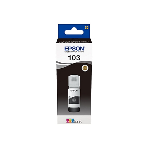 Epson 103 EcoTank Tintenflasche in schwarz mit Produktverpackung auf weißem Hintergrund.