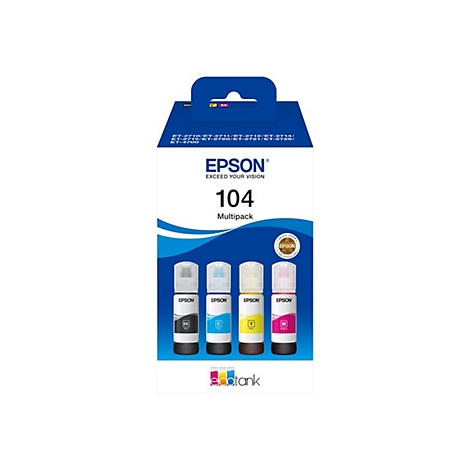 Multipack d'encre Epson, nom du produit "104". Contient quatre bouteilles d'encre : noir, cyan, jaune et magenta.