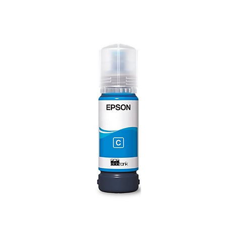 Bouteille d'encre bleue Epson EcoTank avec une étiquette blanche, des accents bleus et le mot "EPSON".