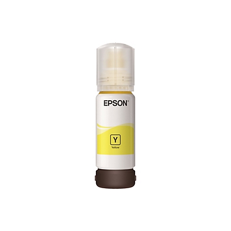 Bouteille d'encre jaune Epson avec bouchon noir, étiquette blanche et logo EPSON.