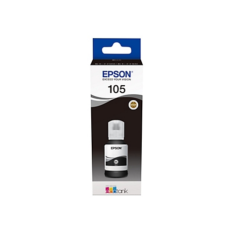 Bouteille d'encre noire d'Epson avec emballage. L'emballage indique EPSON et 105.