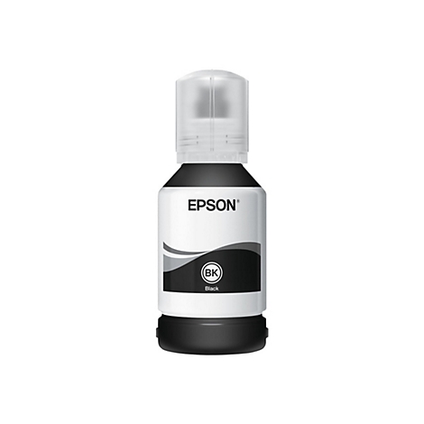 Une bouteille d'encre Epson avec de l'encre noire, sur fond blanc. Le bouchon est transparent.