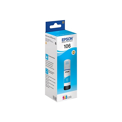 Blau-weiße Epson-Tintenpatronen-Box. Aufgedruckt sind "106", "Cyan" und das Epson-Logo.