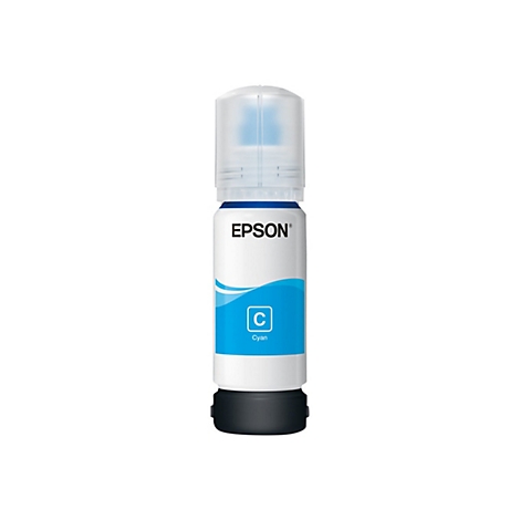 Zylinderförmige Cyan-Tintenflasche mit weißem Hintergrund. Der Schriftzug "EPSON" und die Farbe "Cyan" sind deutlich sichtbar.