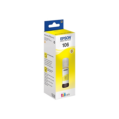 Gelbe Epson Tinte in einer Schachtel. Die Verpackung trägt den Schriftzug Epson, die Nummer 106 und "Ecotank".
