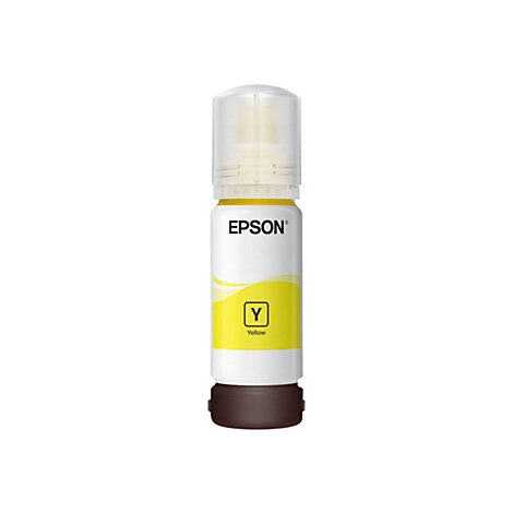 Gelbe Epson Tinte-Flasche mit gelber Kennzeichnung und dem Buchstaben Y. Der Deckel ist transparent.