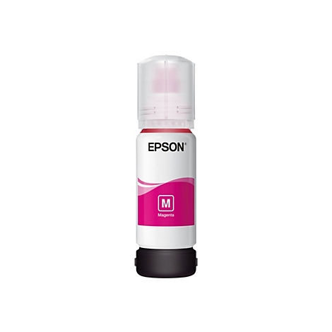 Eine magentafarbene Epson-Tinte. Aufschrift: "Epson", "M" für Magenta.