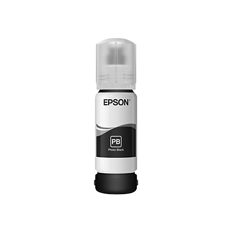 Tintenflasche von Epson, weiß-schwarz-transparent. Aufschrift 'EPSON', 'PB Photo Black'.