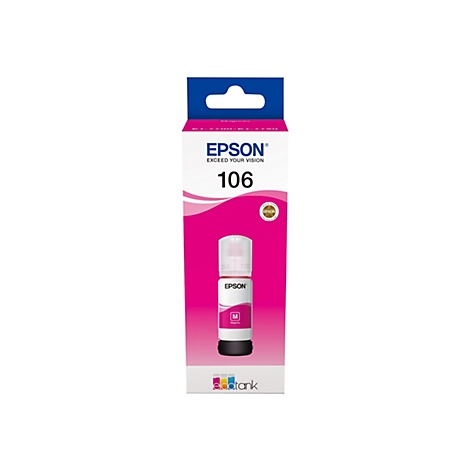 Encre Epson 106 magenta dans son emballage. Ã‰tiquette Epson. Bouteille visible dans l'emballage.
