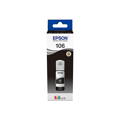 Bouteille d'encre Epson 106 dans un emballage en carton. Design noir et blanc.