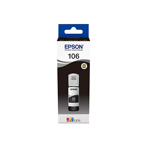 Flacon d'encre Epson 106 dans son emballage, noir.