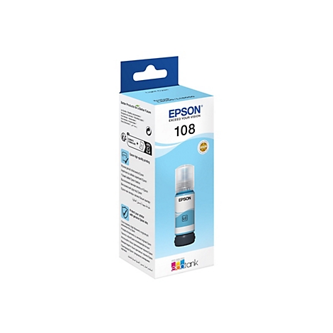 Eine Epson Tintenflasche "Light Cyan" in einer Verpackung. Die Verpackung ist weiß und blau, mit dem Epson-Logo und der Produktnummer 108. Daneben ist die Tintenflasche zu sehen.