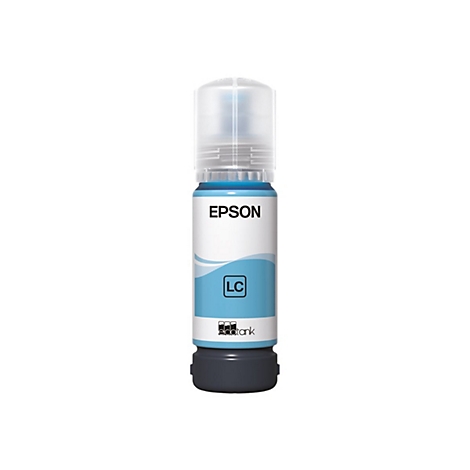 Blaue Epson-Tintentankflasche mit weißem Etikett und dem Schriftzug "EPSON".