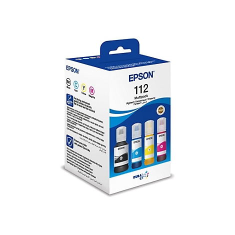 Ein Epson Tintenpatronen-Multipack. Die Box zeigt die Farben Schwarz, Cyan, Gelb und Magenta. Auf der Box steht Epson 112.