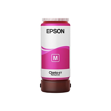 Eine Tintenpatrone von Epson in Rosa, Weiß und Braun, mit Aufschrift Epson, und einem M für Magenta.