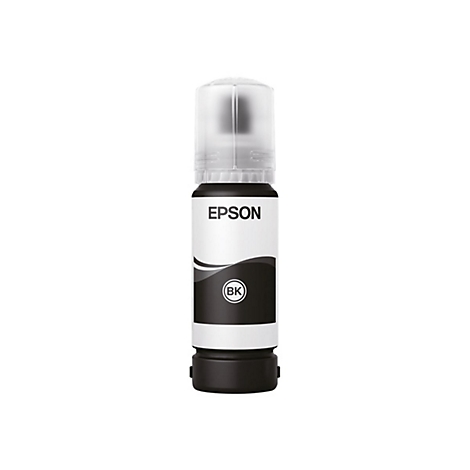 Schwarze Epson-Tintenflasche mit weißem Etikett und Logo.