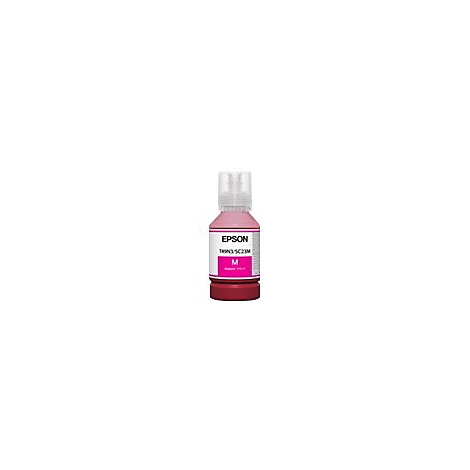Eine Flasche magenta-farbener Tinte mit dem Aufdruck „EPSON“. Auf weißem Hintergrund isoliert.