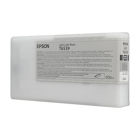 Epson T6539 Light Light Black Tintenpatrone. Weißer Kunststoffbehälter mit schwarzer Beschriftung.