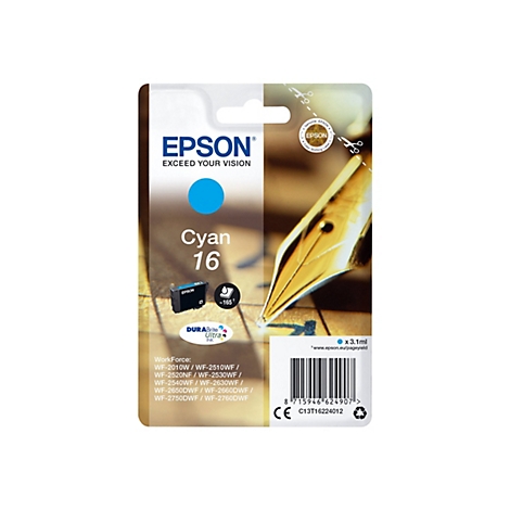 Verpackung einer Epson Tintenpatrone, Cyan 16. Auf der Verpackung befinden sich ein blauer Kreis, das Epson-Logo und Informationen zur Reichweite.