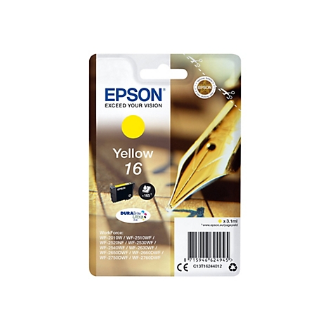 Gelbe Epson Tintenpatrone, Packung mit Stiftfederskizze. Aufgedruckter Text: Yellow 16, Epson, DuraBrite Ultra Ink.