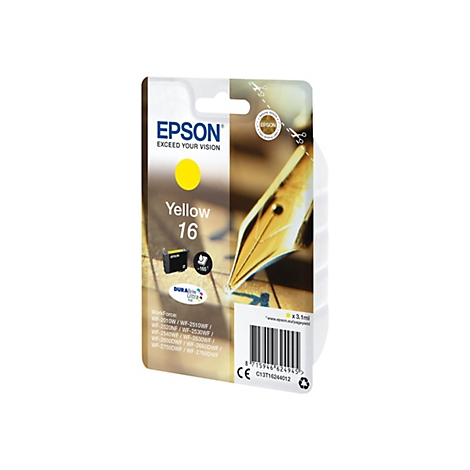Gelbe Epson Tintenpatrone, Packung mit gelber Tinte Nr. 16, aufgedruckte Logos, Barcode und Tintenpatronen-Modellbezeichnungen.