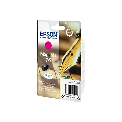 Verpackung einer Epson Magenta 16 Tintenpatrone. Die Packung hat ein transparentes Fenster und zeigt eine Tintenpatrone, sowie Informationen zur Kompatibilität.