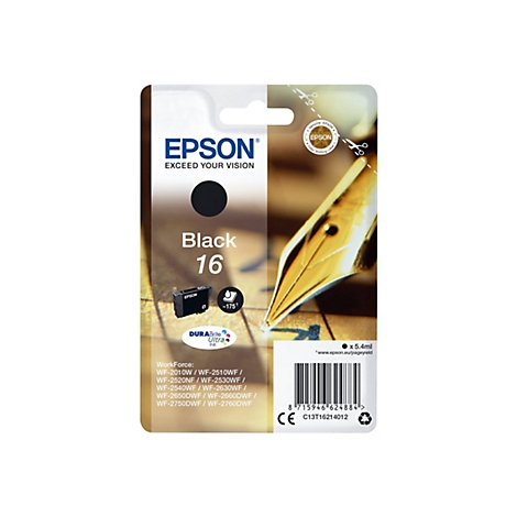Schwarze Epson Tintenpatrone (16). Aufdruck: 'Black 16', Text darunter: 'DURABrite Ultra INK'. Im Hintergrund eine Feder.