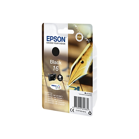 Schwarze Epson Tintenpatrone, Packung mit Strichcode, Text: Black 16.