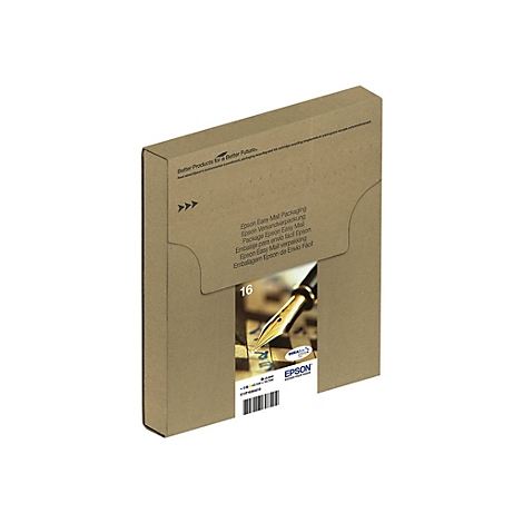 Braune Epson Easy Mail Verpackung, Text mit Produktinformationen und Logo. Unten rechts eine Feder und die Aufschrift 16.