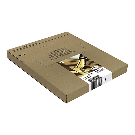 Brauner Karton mit Epson-Logo und Tintenpatronen-Abbildung.