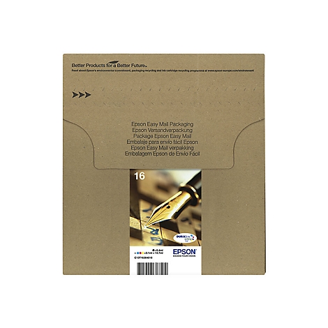 Brauner Karton mit Epson-Schriftzug. Aufschrift: Epson Easy Mail Packaging. Ein Füllfederhalter ist im Karton abgebildet.