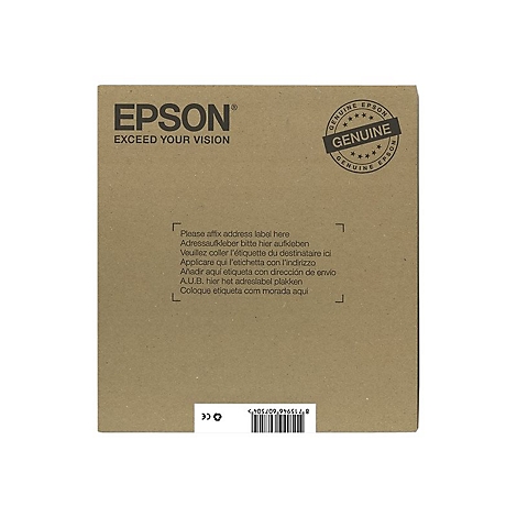 Brauner Karton mit Epson-Logo und Text, darunter der Aufdruck „Bitte Adressaufkleber hier anbringen“. Ein Stempel mit „Genuine Epson“ ist sichtbar.