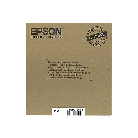 Brauner Karton mit Epson Logo und Text. Hinweis zum Anbringen eines Adressaufklebers. Aufkleber "Genuine Epson".