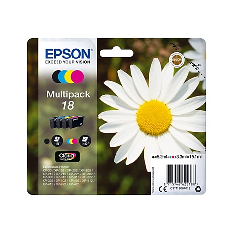 Epson Tintenpatronen-Multipack mit Gänseblümchen-Hintergrund. Text: Multipack 18, Claria Home Ink, Epson Logo.
