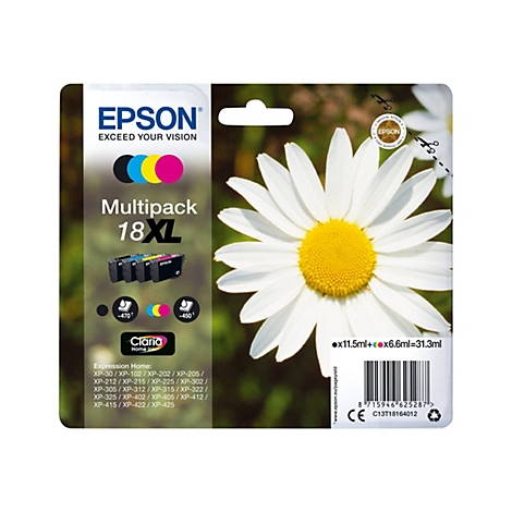 Epson Tintenpatronen-Multipack mit Gänseblümchen-Hintergrund. Text: Epson, Multipack 18XL, Claria Home Ink.