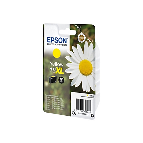 Gelbe Epson Tintenpatrone 18XL mit Gänseblümchen-Design.