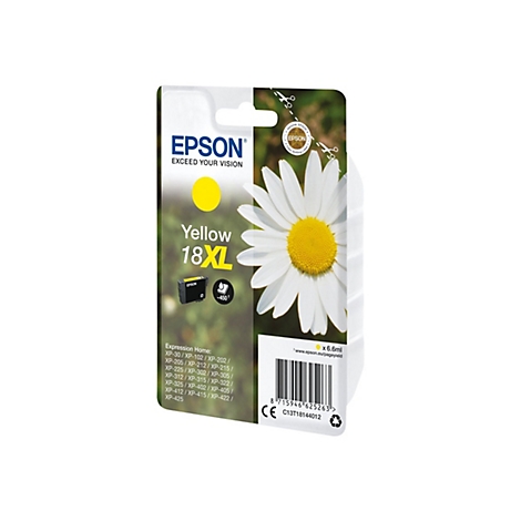 Gelbe Epson Tintenpatrone 18XL mit Gänseblümchen-Design.