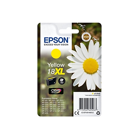 Gelbe Epson Tintenpatrone 18XL auf einem Hintergrund mit einer Gänseblume. Im Vordergrund steht ein gelber Kreis. Text: Yellow, 18XL.