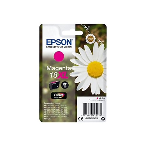 Cartouche d'encre magenta Epson. L'emballage montre une marguerite, le logo Epson et des informations sur le type de cartouche d'encre.