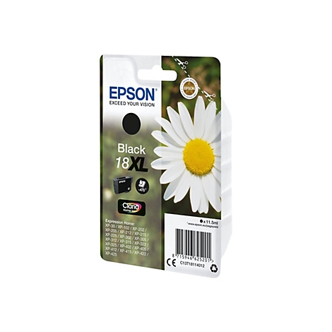 Schwarze Druckerpatrone, Epson, 18XL, mit einer GÃ¤nseblume und Barcode.
