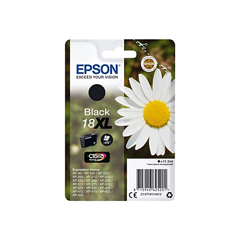 Schwarze Epson Druckerpatrone mit GÃ¤nseblÃ¼mchen-Hintergrund, Schriftzug Black 18XL.