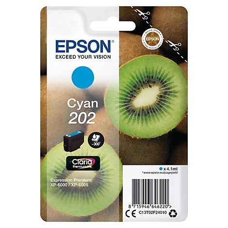 Epson Tintenpatrone Cyan 202, mit Kiwi-Hintergrund. Enthält Produkt- und Markenlogos sowie Text.