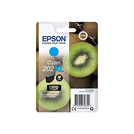 Packung einer Epson-Tintenpatrone. Die Packung ist weiß mit einem Cyanfarbenen Kreis und halbierte Kiwi-Frucht. Auf der Packung steht Epson.