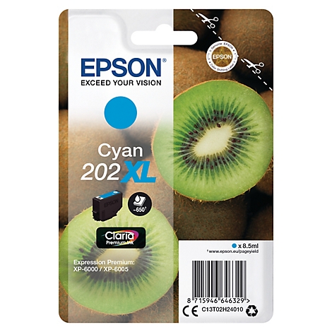 Epson Cyan 202 XL Tintenpatrone, abgebildet auf einer Kiwi-Frucht. Text: 'Expression Premium: XP-6000 / XP-6005'.