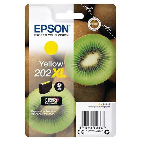 Gelbe Epson Tintenpatrone 202 XL vor Kiwi-Hintergrund, mit Produkt- und Markeninformationen.