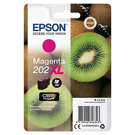 Epson Magenta Tintenpatrone, XL, vor einem Hintergrund mit Kiwi-Frucht. Aufdrucke: Epson, Claria Premium Ink, Expression Premium.