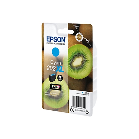 Cartouche d'encre Epson Cyan 202 XL, avec illustration de kiwi. Impressions : Cyan, 202 XL.