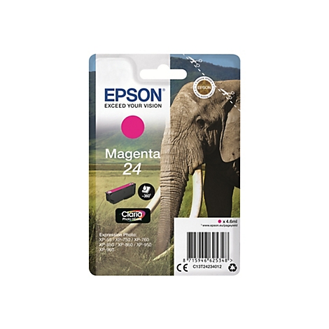 Epson Tintenpatrone in Magenta mit der Aufschrift Magenta 24, im Hintergrund ein Elefant.