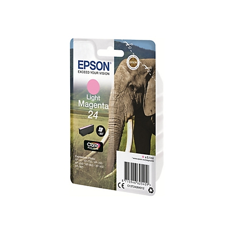 Verpackung einer Tintenpatrone der Marke Epson. Aufgedruckt sind Schriftzüge wie "Light Magenta 24" und ein Elefantenkopf.
